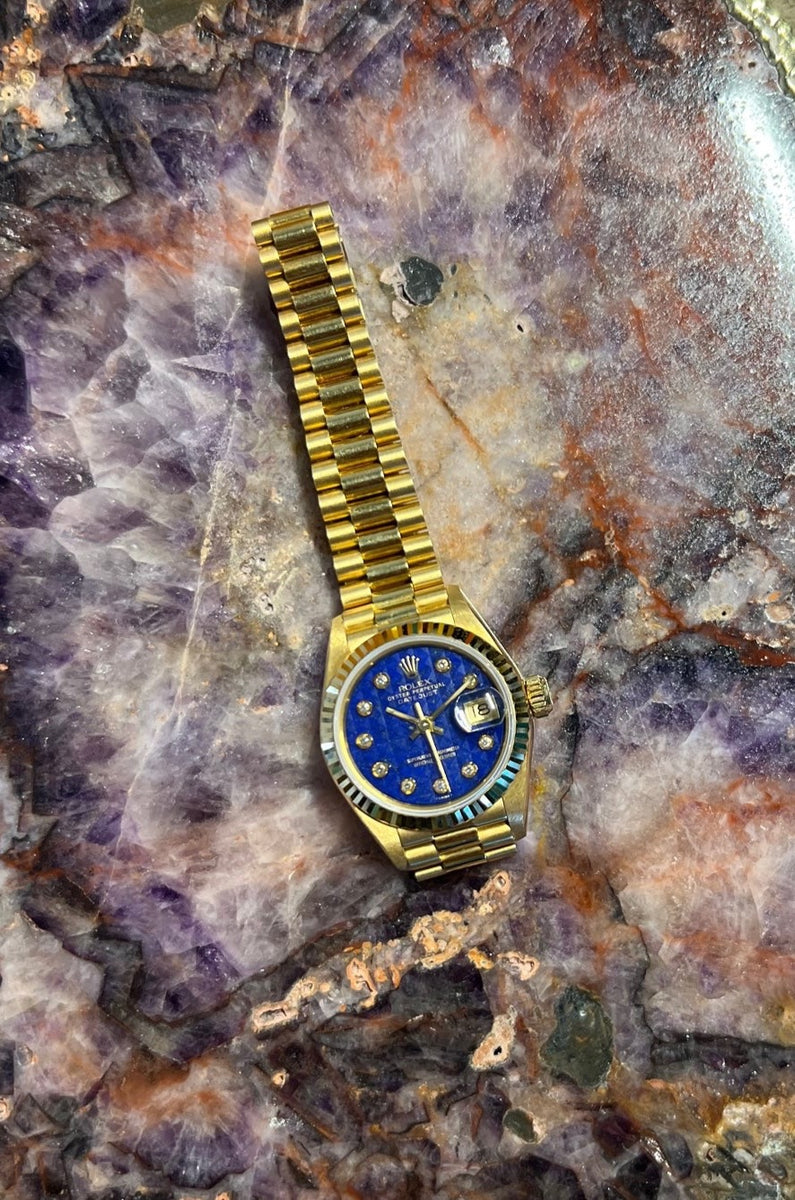 Rolex 18K Yellow Gold Ladies Lapis Lazuli Pyramid Datejust Watch - Main Image