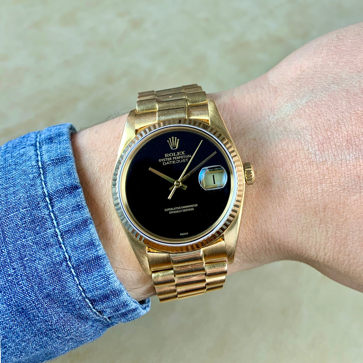 Rolex 18K Yellow Gold Onyx Datejust President Watch | Veralet