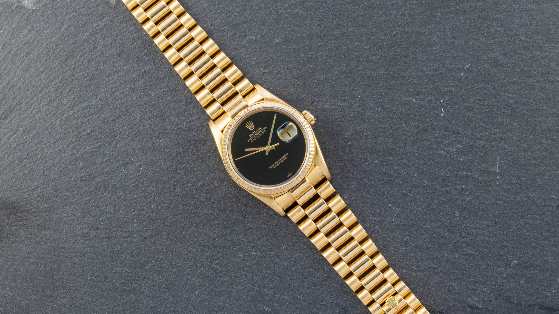 Rolex 18K Yellow Gold Oyster Perpetual Datejust President Vintage Watch with Black Onyx Dial | Veralet
