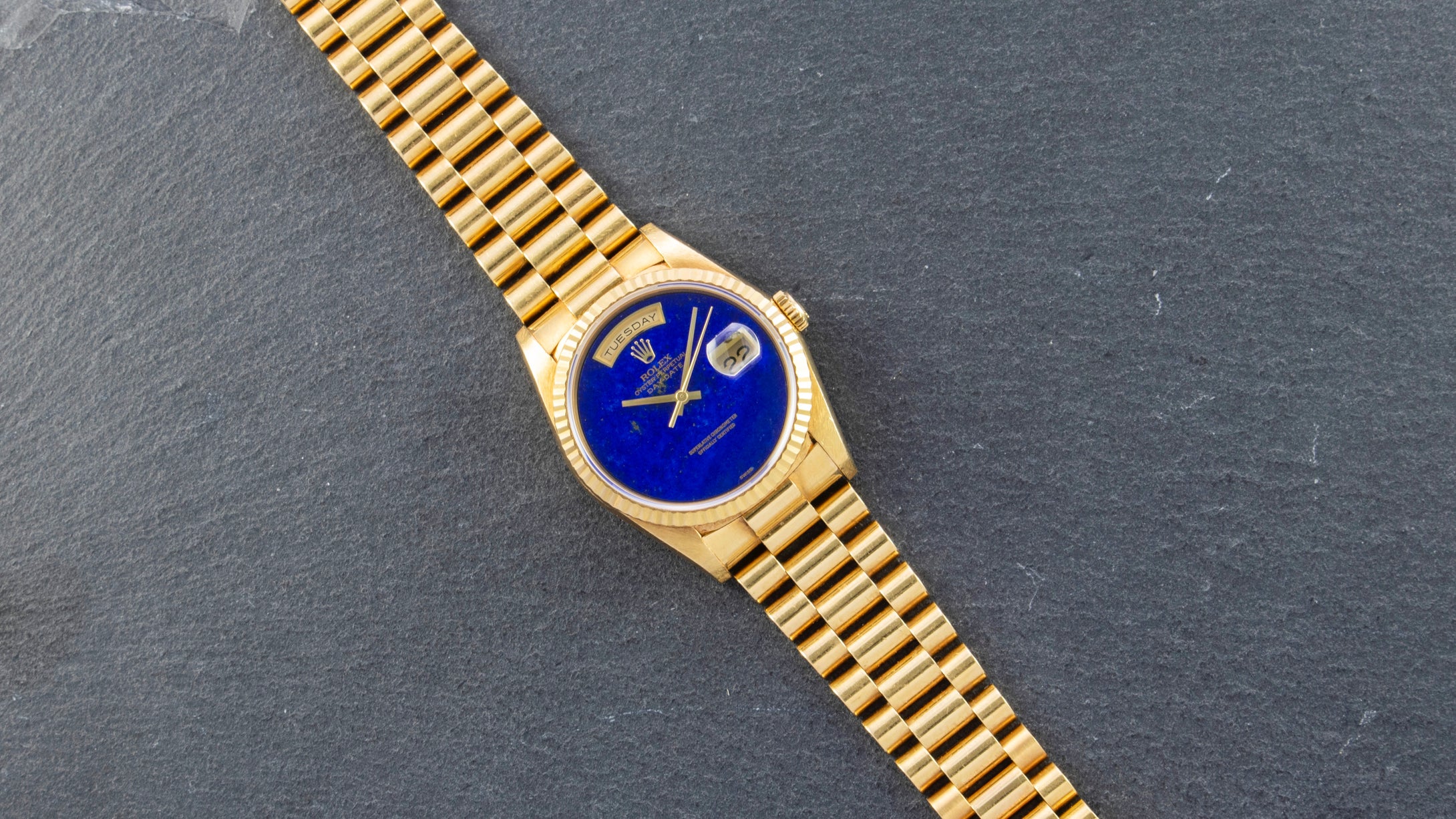 Rolex 18K Yellow Gold Oyster Perpetual Day-Date President with Lapis Lazuli Dial Watch | Veralet