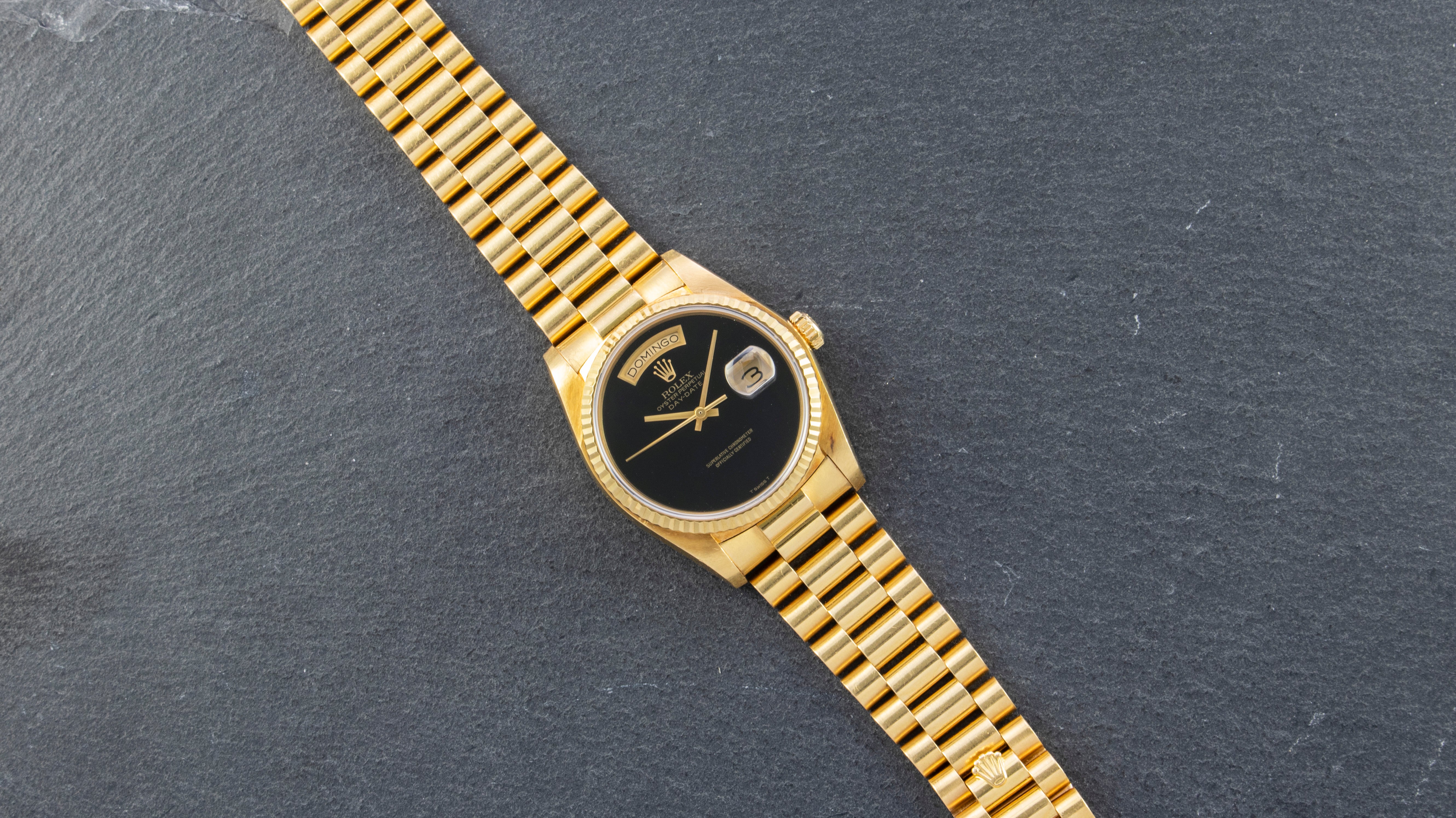 Rolex 18K Yellow Gold Oyster Perpetual Day-Date President Vintage Watch with Black Onyx Dial and Papers | Veralet