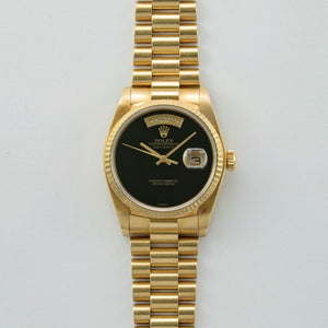 Rolex 18K Yellow Gold Oyster Perpetual Day-Date President Vintage Watch with Black Onyx Dial and Papers | Veralet