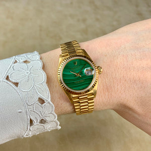 Rolex 18K Yellow Gold Ladies Oyster Perpetual Datejust Vintage Watch with Factory Malachite Dial | Veralet