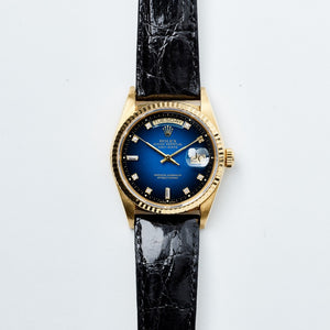 Rolex 18K Yellow Gold Oyster Perpetual Blue Vignette Diamond Day-Date Vintage Watch | Veralet