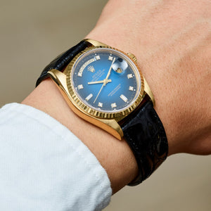 Rolex 18K Yellow Gold Oyster Perpetual Blue Vignette Diamond Day-Date Vintage Watch | Veralet