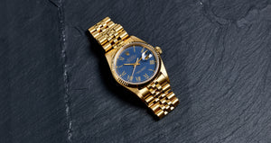 Rolex 18K Yellow Gold Oyster Perpetual Blue Buckley Datejust Vintage Watch | Veralet
