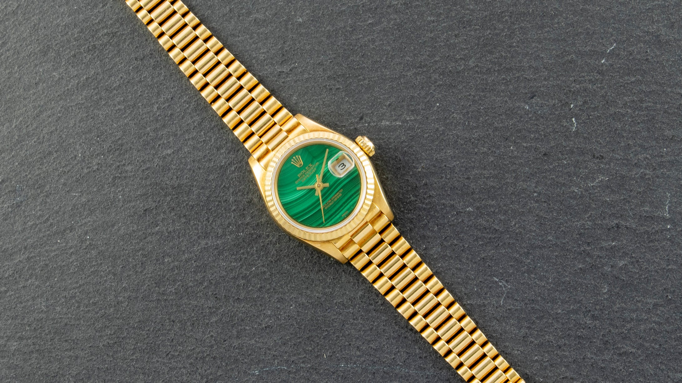 Rolex 18K Yellow Gold Ladies Oyster Perpetual Datejust Vintage Watch with Factory Malachite Dial | Veralet