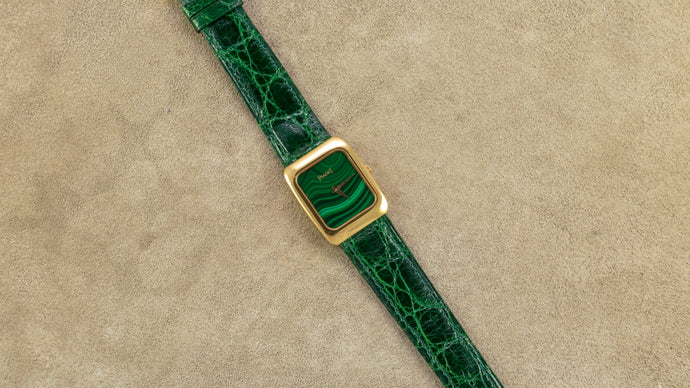 Piaget 18K Yellow Gold Quartz Tank Malachite Vintage Watch | Veralet