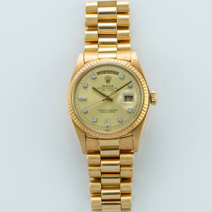 Rolex 18K Yellow Gold Oyster Perpetual Day-Date President Watch with Factory Champagne Diamond Dial | Veralet