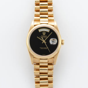 Rolex 18K Yellow Gold Oyster Perpetual Day-Date President Watch with Black Onyx Dial | Veralet