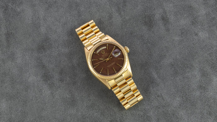 Rolex 18K Yellow Gold Oyster Perpetual Day-Date President Watch with Brown Confetti Dial | Veralet