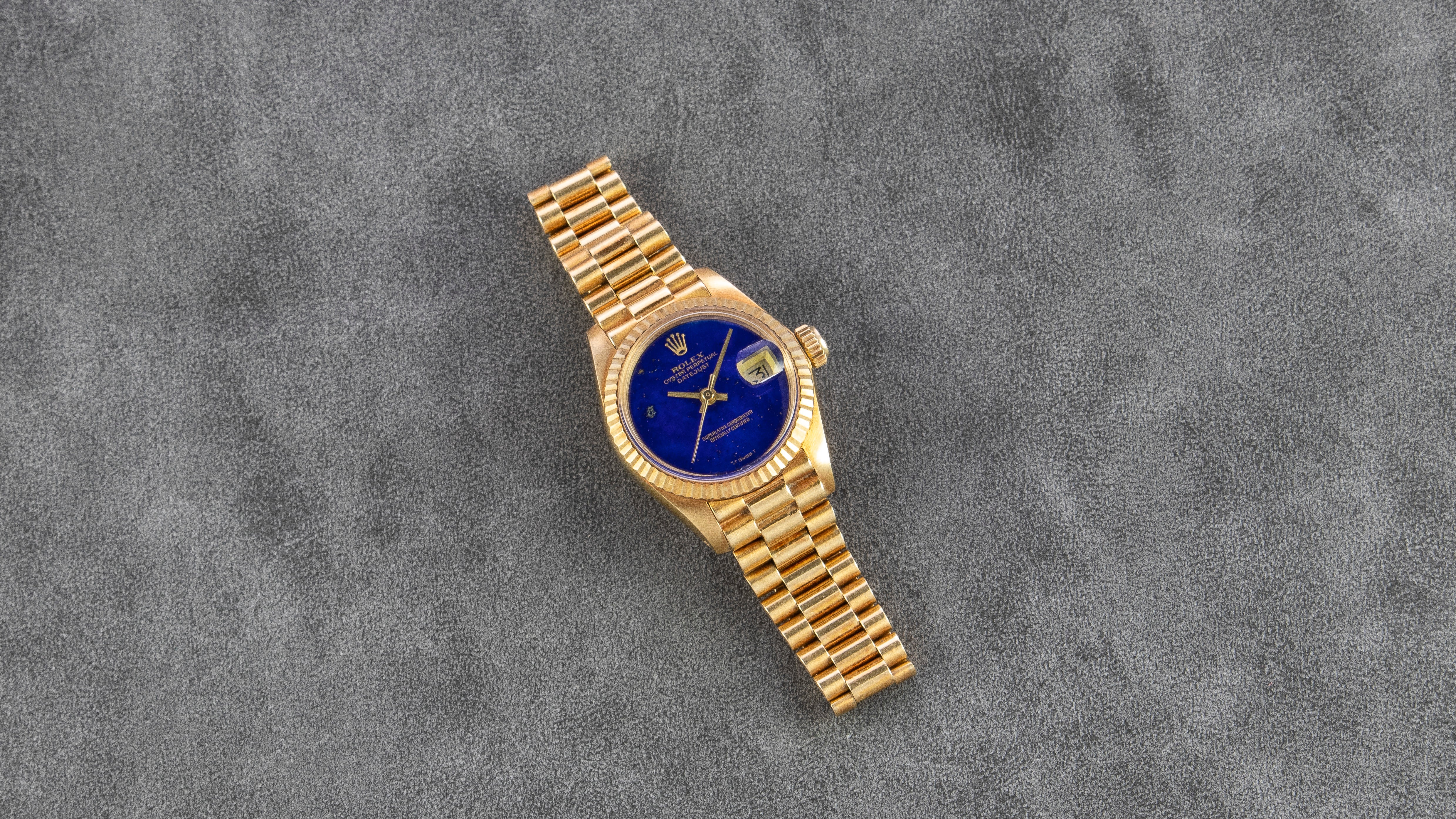 Rolex 18K Yellow Gold Ladies Oyster Perpetual Datejust Vintage Watch with Factory Lapis Lazuli Dial and Original Box and Papers | Veralet