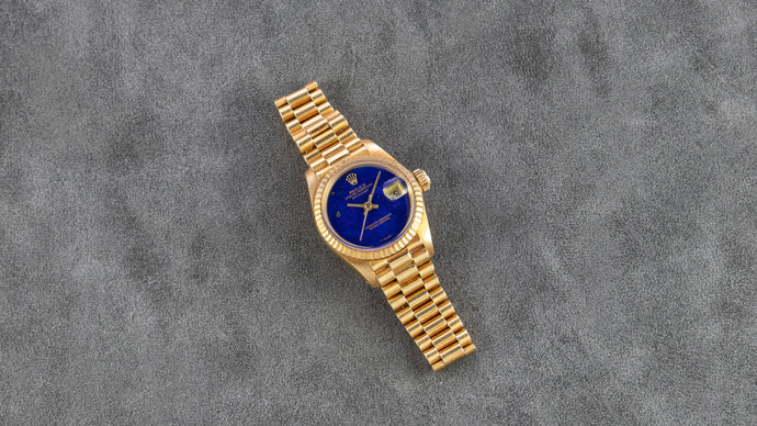 Rolex 18K Yellow Gold Ladies Oyster Perpetual Datejust Vintage Watch with Factory Lapis Lazuli Dial and Original Box and Papers | Veralet