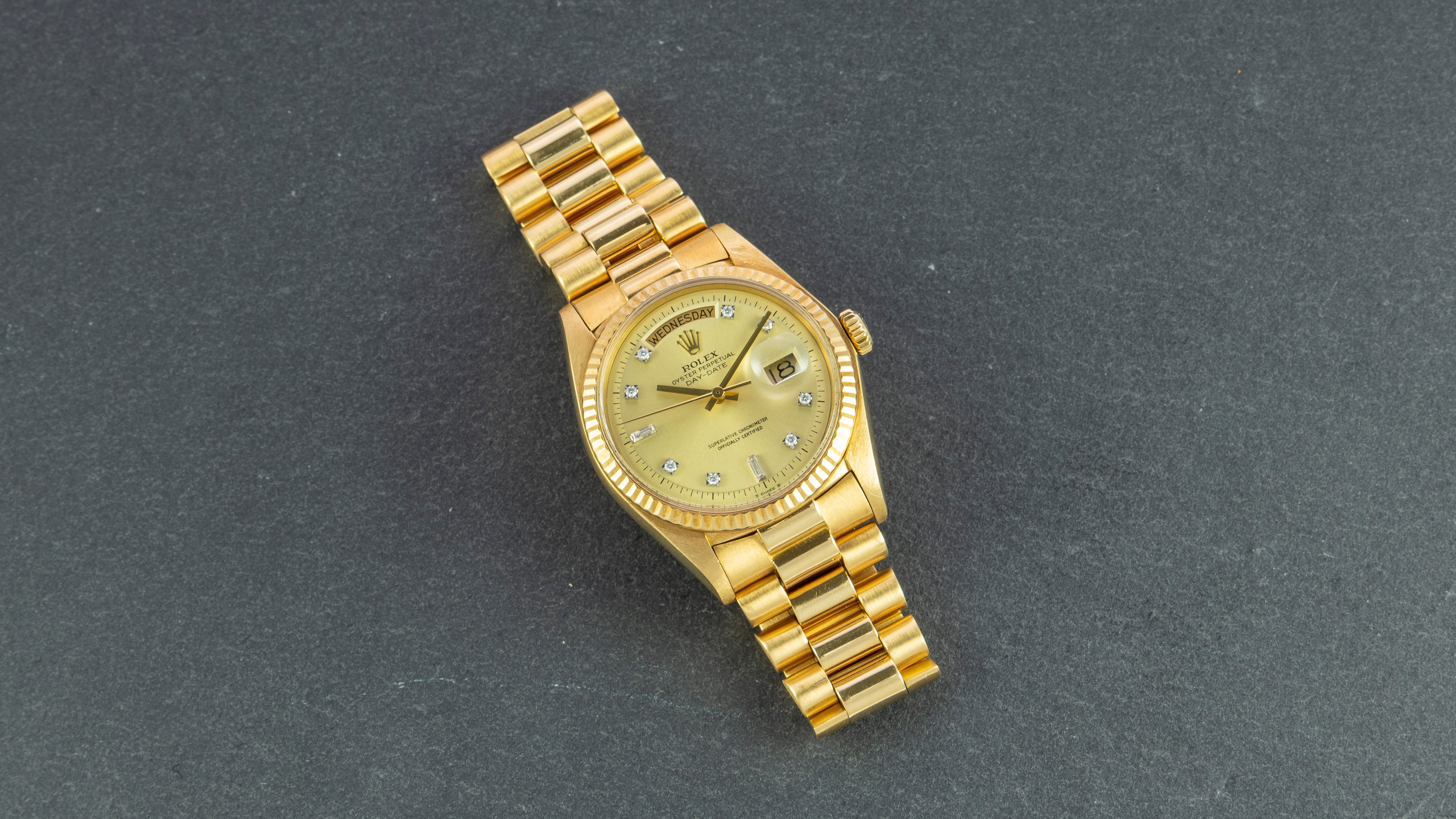 Rolex 18K Yellow Gold Oyster Perpetual Day-Date President Watch with Factory Champagne Diamond Dial | Veralet