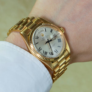 Rolex 18K Yellow Gold Oyster Perpetual Day-Date President Watch with Silver Buckley Dial | Veralet