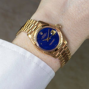 Rolex 18K Yellow Gold Ladies Oyster Perpetual Datejust Vintage Watch with Factory Lapis Lazuli Dial and Original Box and Papers | Veralet