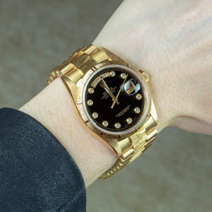 Rolex 18K Yellow Gold Oyster Perpetual Day-Date President Watch with Onyx Serti Dial and Box and Papers | Veralet