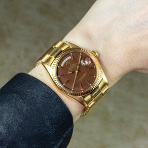 Rolex 18K Yellow Gold Oyster Perpetual Day-Date President Watch with Brown Confetti Dial | Veralet