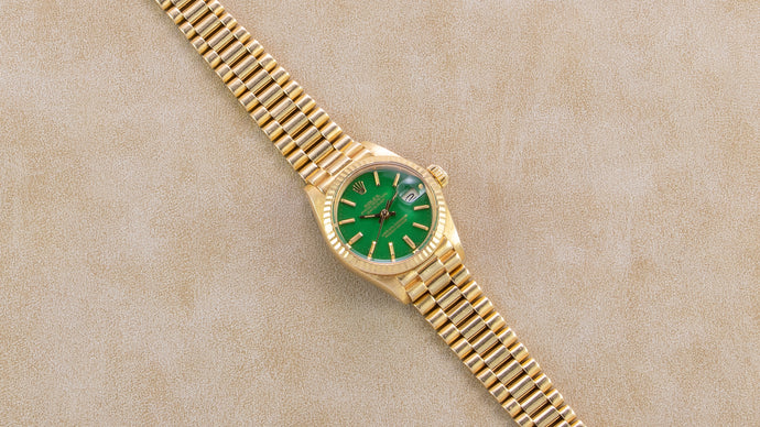 Rolex 18K Yellow Gold 26mm Ladies Green Stella Vintage President Watch | Veralet