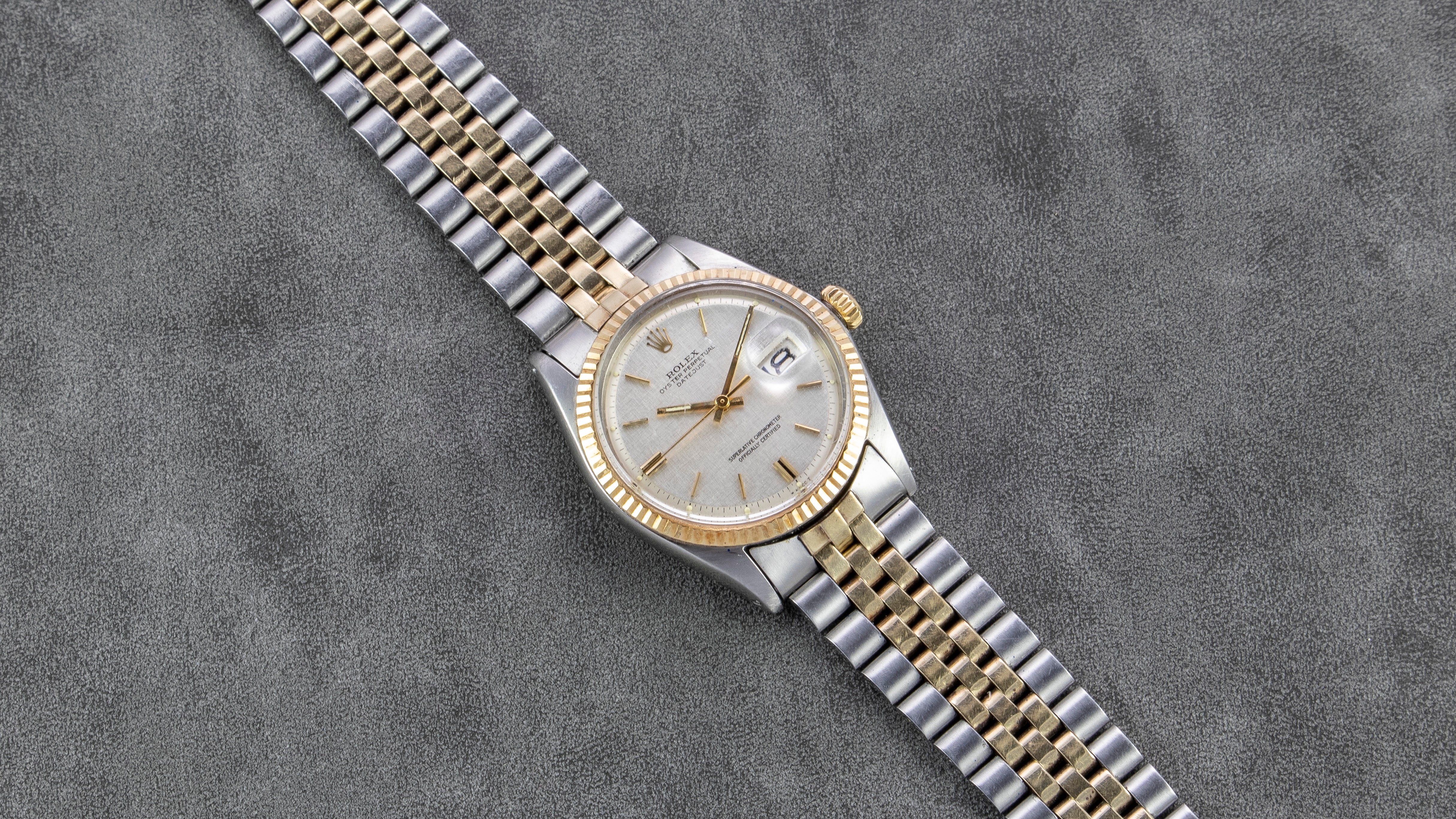 Rolex Stainless Steel and Yellow Gold Oyster Perpetual Silver Linen Datejust Watch with Original Box and Papers | Veralet