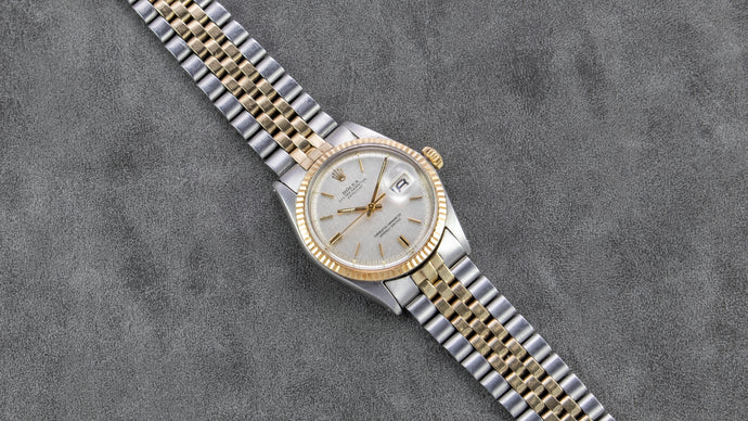 Rolex Stainless Steel and Yellow Gold Oyster Perpetual Silver Linen Datejust Watch with Original Box and Papers | Veralet