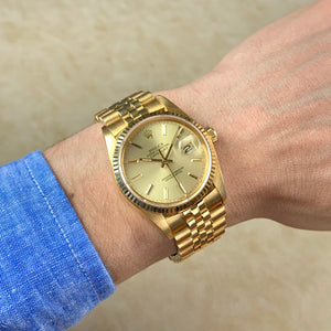 Rolex 18K Yellow Gold Oyster Perpetual Champagne Dial Datejust Watch | Veralet