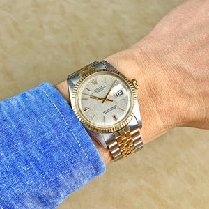 Rolex Stainless Steel and Yellow Gold Oyster Perpetual Silver Linen Datejust Watch with Original Box and Papers | Veralet