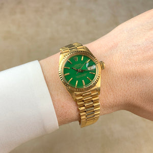 Rolex 18K Yellow Gold 26mm Ladies Green Stella Vintage President Watch | Veralet